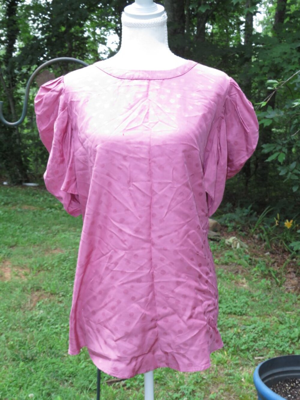 Vintage‑Inspired Pink Satin Dot Blouse L — Lightweight Rayon Blend, Garden‑Party